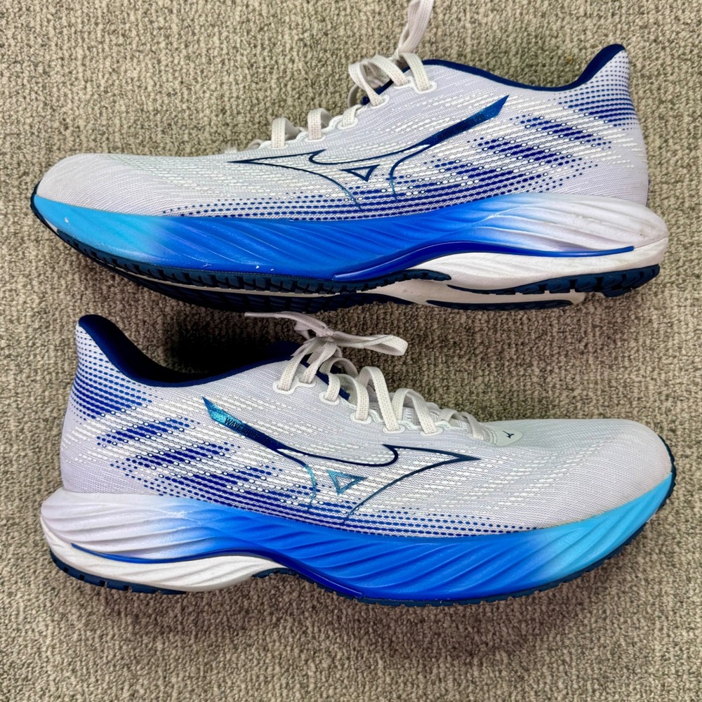 Mizuno Wave Rider 28 Mens 12.5 Running Shoes White Blue J1GC240301 EUC